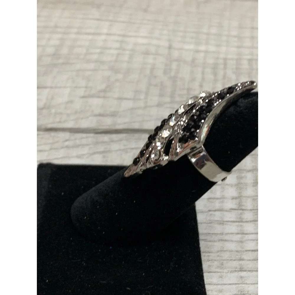 Silver Tone Black and Clear Rhinestone Shield Cocktail Ring Size 5.25